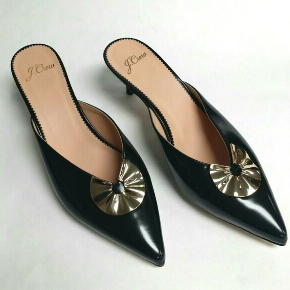 J. Crew Black Spazzo Brooch Eloise kitten heels Mule